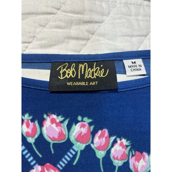 Bob Mackie Liquid Knit Top M Blue Slinky Floral 3/4 Flare Sleeves Resort Modest - Picture 5 of 7